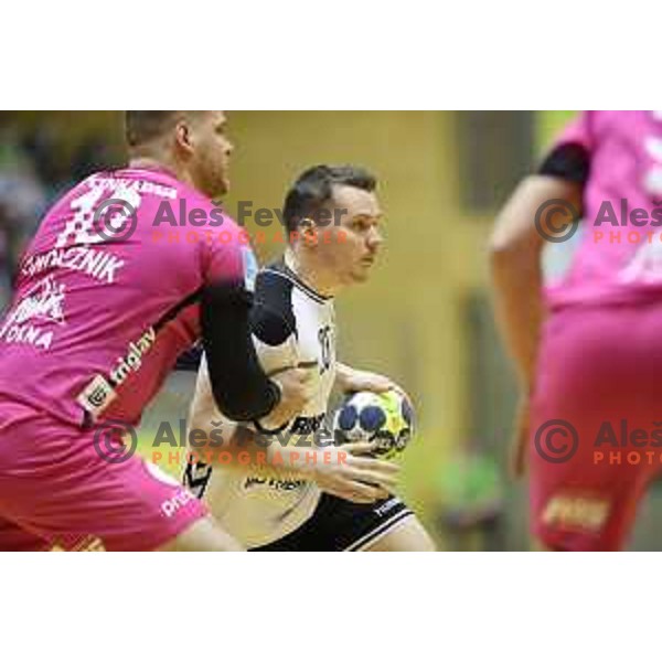 Luka Koprivc of Riko Ribnica in action during 1.NLB league handball match between Riko Ribnica and Celje Pivovarna Lasko in Ribnica Sports Centre, Slovenia on March 24, 2018