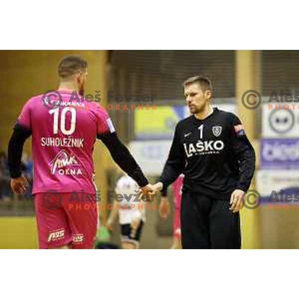 Matic Suholeznik and Urban Lesjak in action during 1.NLB league handball match between Riko Ribnica and Celje Pivovarna Lasko in Ribnica Sports Centre, Slovenia on March 24, 2018