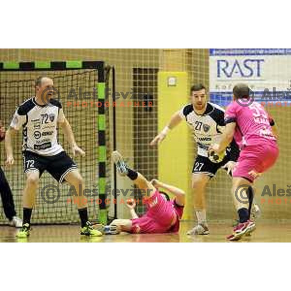 Mitja Nosan (72) and Blaz Nosan in action during 1.NLB league handball match between Riko Ribnica and Celje Pivovarna Lasko in Ribnica Sports Centre, Slovenia on March 24, 2018