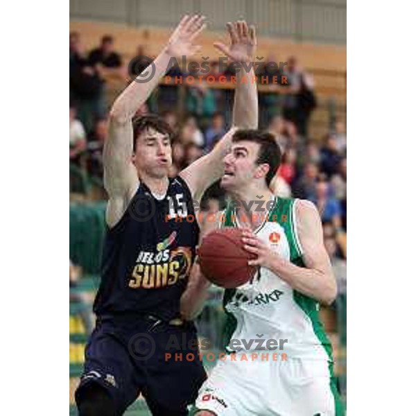Jakov Stipanicev of Krka and Aleksander Shashkov of Helios Suns in action during Final of U-19 Boys Championship basketball match between Krka and Helios Suns in Novo mesto, Slovenia on March 25, 2018