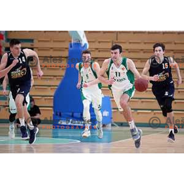 Jakov Stipanicev of Krka and Aleksander Shashkov of Helios Suns in action during Final of U-19 Boys Championship basketball match between Krka and Helios Suns in Novo mesto, Slovenia on March 25, 2018