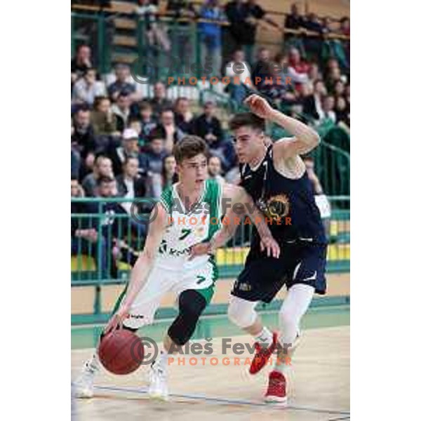 Kristjan Gliha and Nejc Klavzar in action during Final of U-19 Boys Championship basketball match between Krka and Helios Suns in Novo mesto, Slovenia on March 25, 2018