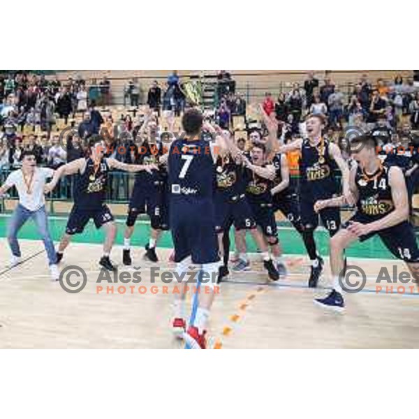 Players of Helios Suns celebrate National U-19 Boys Championship Title after victory in the Final basketball match between Krka and Helios Suns in Novo mesto, Slovenia on March 25, 2018
