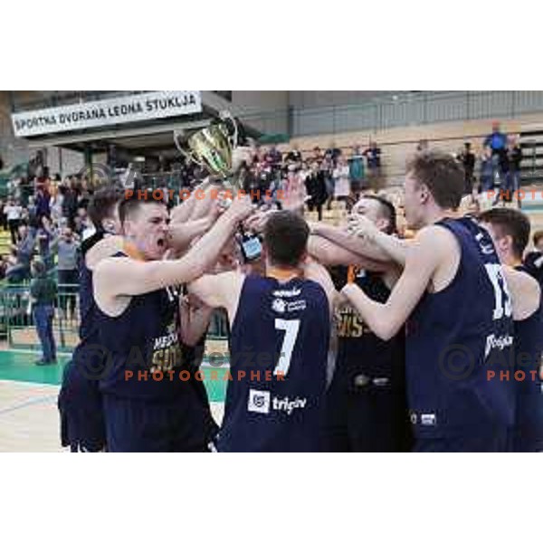 Players of Helios Suns celebrate National U-19 Boys Championship Title after victory in the Final basketball match between Krka and Helios Suns in Novo mesto, Slovenia on March 25, 2018