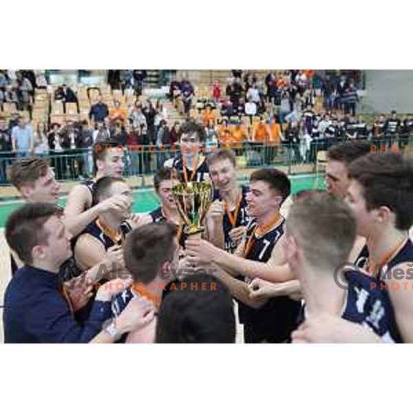 Players of Helios Suns celebrate National U-19 Boys Championship Title after victory in the Final basketball match between Krka and Helios Suns in Novo mesto, Slovenia on March 25, 2018