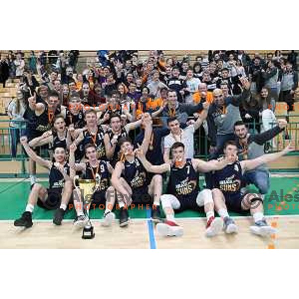 Players of Helios Suns celebrate National U-19 Boys Championship Title after victory in the Final basketball match between Krka and Helios Suns in Novo mesto, Slovenia on March 25, 2018