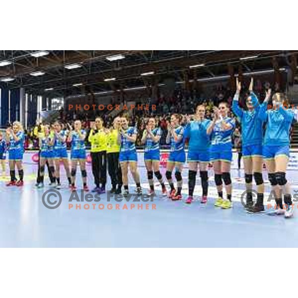 Team Slovenia celebrating after women’s EHF EURO qualifications match between Slovenia and Iceland, in Golovec Hall, Celje, on March 25, 2018