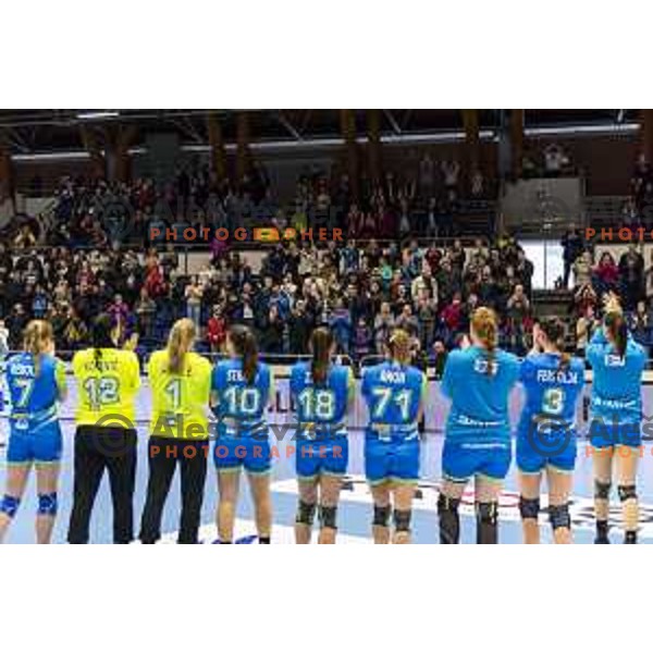 Team Slovenia celebrating after women’s EHF EURO qualifications match between Slovenia and Iceland, in Golovec Hall, Celje, on March 25, 2018