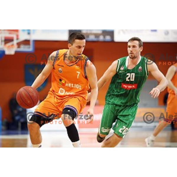 Jure Pelko of Helios Suns in action during Nova KBM league basketball match between Helios Suns and Petrol Olimpija in Domzale Sports Hall, Slovenia on March 26, 2018