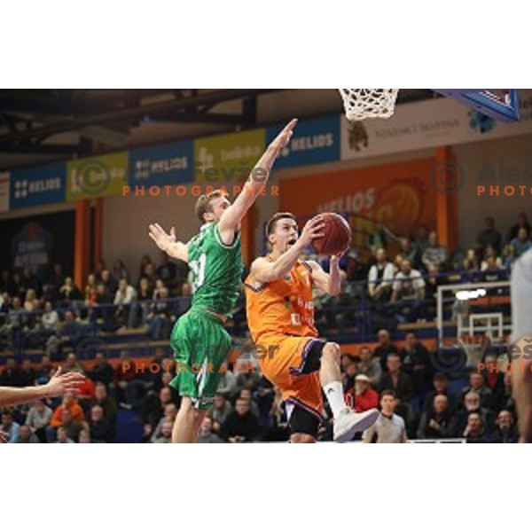 Jure Pelko of Helios Suns in action during Nova KBM league basketball match between Helios Suns and Petrol Olimpija in Domzale Sports Hall, Slovenia on March 26, 2018