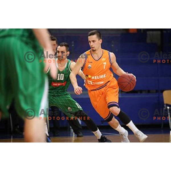 Jure Pelko of Helios Suns in action during Nova KBM league basketball match between Helios Suns and Petrol Olimpija in Domzale Sports Hall, Slovenia on March 26, 2018