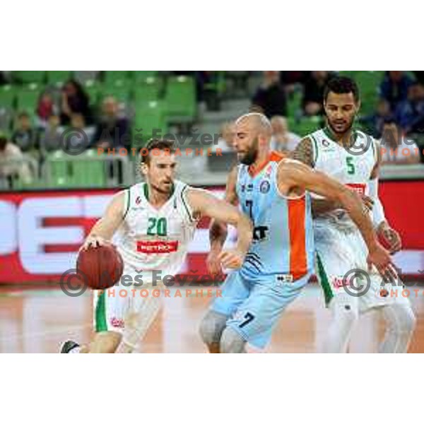 Mitchell McCarron of Petrol Olimpija and Nebojsa Joksimovic in action during Nova KBM league basketball match between Petrol Olimpija and Sixt Primorska in Stozice, Ljubljana, Slovenia on March 31, 2018