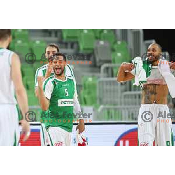 Devin Oliver and Jordan Morgan of Petrol Olimpija in action during Nova KBM league basketball match between Petrol Olimpija and Sixt Primorska in Stozice, Ljubljana, Slovenia on March 31, 2018