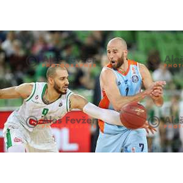 Jordan Morgan of Petrol Olimpija and Nebojsa Joksimovic in action during Nova KBM league basketball match between Petrol Olimpija and Sixt Primorska in Stozice, Ljubljana, Slovenia on March 31, 2018