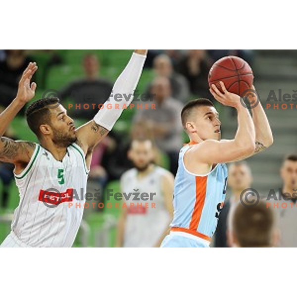 Devin Oliver of Petrol Olimpija and Matic Rebec in action during Nova KBM league basketball match between Petrol Olimpija and Sixt Primorska in Stozice, Ljubljana, Slovenia on March 31, 2018