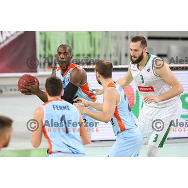 Shawn King of Sixt and Bojan Radulovic of Petrol Olimpija in action during Nova KBM league basketball match between Petrol Olimpija and Sixt Primorska in Stozice, Ljubljana, Slovenia on March 31, 2018