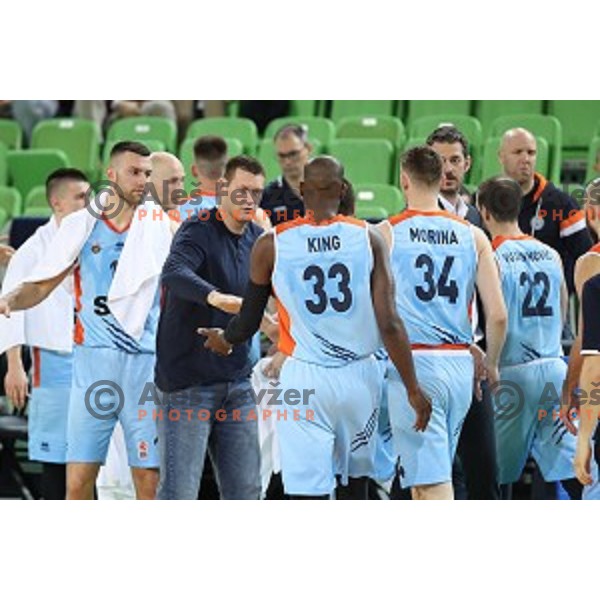 Goran Jagodnik and Jurica Golemac, head coach of Sixt Primorska during Nova KBM league basketball match between Petrol Olimpija and Sixt Primorska in Stozice, Ljubljana, Slovenia on March 31, 2018
