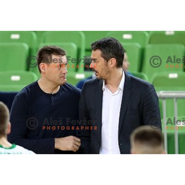 Goran Jagodnik and Jurica Golemac, head coach of Sixt Primorska during Nova KBM league basketball match between Petrol Olimpija and Sixt Primorska in Stozice, Ljubljana, Slovenia on March 31, 2018