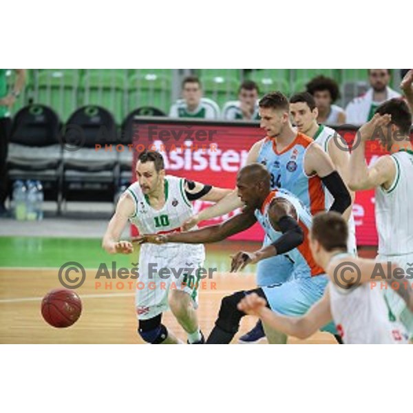 Domen Lorbek of Petrol Olimpija and Shawn King, Gezim Morina in action during Nova KBM league basketball match between Petrol Olimpija and Sixt Primorska in Stozice, Ljubljana, Slovenia on March 31, 2018