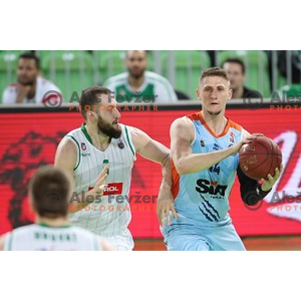 Bojan Radulovic of Petrol Olimpija and Gezim Morina in action during Nova KBM league basketball match between Petrol Olimpija and Sixt Primorska in Stozice, Ljubljana, Slovenia on March 31, 2018