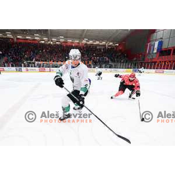 in action during the Final of Slovenian League ice-hockey match between SIJ Acroni Jesenice and SZ Olimpija in Podmezakla Hall, Jesenice, Slovenia on April 7, 2018