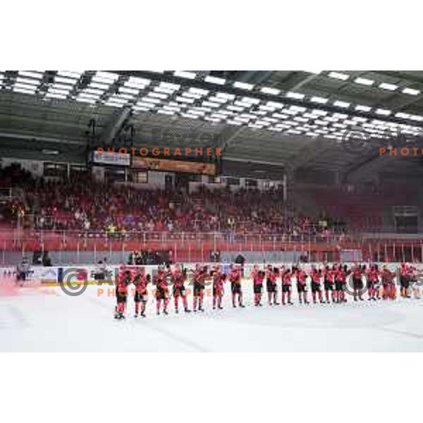 in action during the Final of Slovenian League ice-hockey match between SIJ Acroni Jesenice and SZ Olimpija in Podmezakla Hall, Jesenice, Slovenia on April 7, 2018