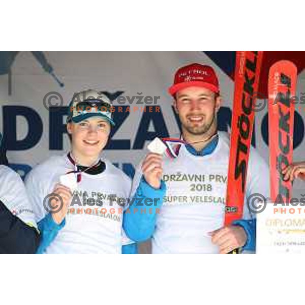 Neja Dvornik and Martin Cater, winners of Super G title at Slovenian National Championships at Krvavc Ski Resort, Cerklje on April 7, 2018