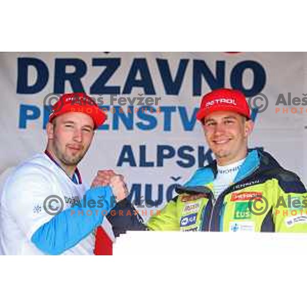 Martin Cater, winner of Super G title at Slovenian National Championships and Zan Kranjec at Krvavc Ski Resort, Cerklje on April 7, 2018