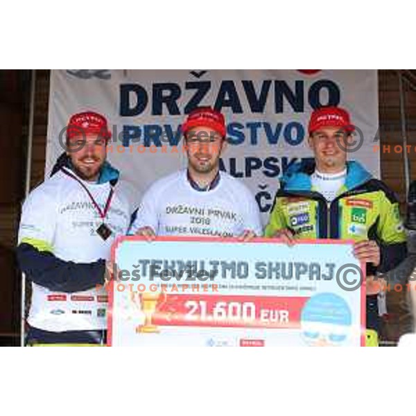 Miha Hrobat, Martin Cater, winner of Super G title at Slovenian National Championships and Zan Kranjec at Krvavc Ski Resort, Cerklje on April 7, 2018