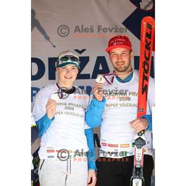 Neja Dvornik and Martin Cater, winners of Super G title at Slovenian National Championships at Krvavc Ski Resort, Cerklje on April 7, 2018