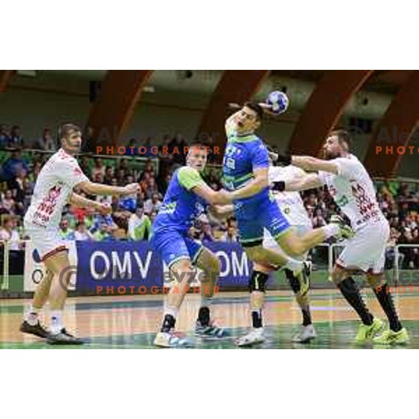 during friendly handball match between Slovenia and Belarus in Tri lilije Hall, Lasko, Slovenia on April 8, 2018