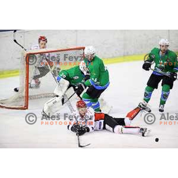 action during second match in the Final of Slovenian ice-hockey league between SZ Olimpija and Acroni Jesenice in Tivoli Hall, Ljubljana, Slovenia on April 10, 2018
