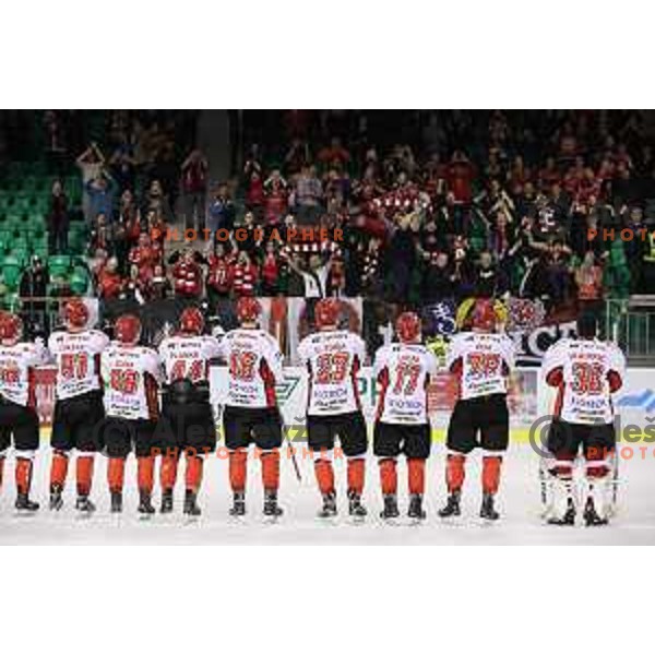 action during second match in the Final of Slovenian ice-hockey league between SZ Olimpija and Acroni Jesenice in Tivoli Hall, Ljubljana, Slovenia on April 10, 2018