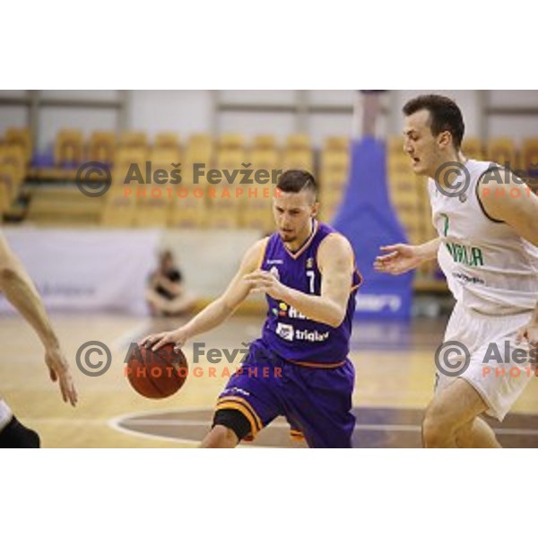 Jure Pelko of Helios Suns in action during Nova KBM league basketball match between Ilirija and Helios Suns in Tivoli Hall, Ljubljana, Slovenia on April 10, 2018