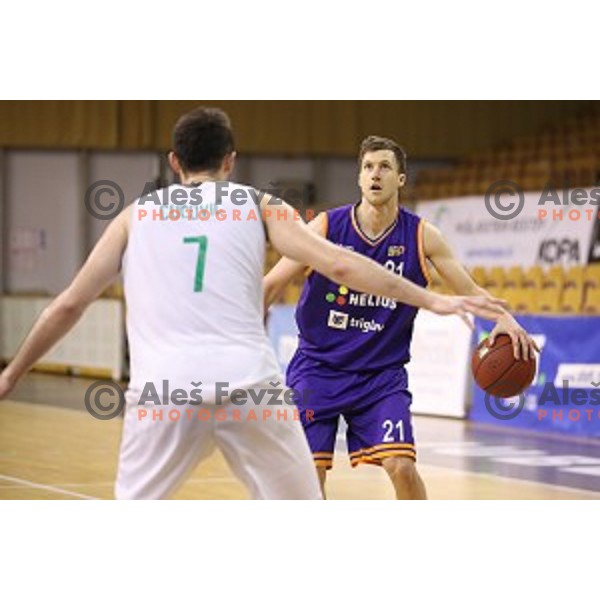 Blaz Mahkovic of Helios Suns in action during Nova KBM league basketball match between Ilirija and Helios Suns in Tivoli Hall, Ljubljana, Slovenia on April 10, 2018