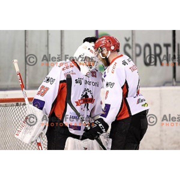 Clarke Saunders and Andrej Tavzelj celebrate victory at second match of the Final of Slovenian ice-hockey league between SZ Olimpija and Acroni Jesenice in Tivoli Hall, Ljubljana, Slovenia on April 10, 2018