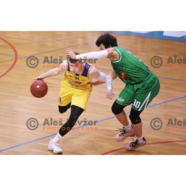 Jan Rebec and Issuf Sanon in action during Nova KBM league basketball match between Sencur GGD and Petrol Olimpija in Sencur sports Hall, Slovenia on April 11, 2018