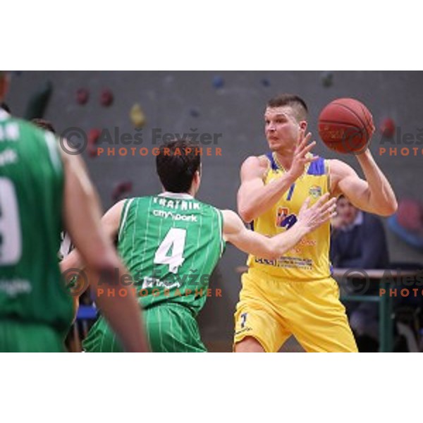 Dino Muric in action during Nova KBM league basketball match between Sencur GGD and Petrol Olimpija in Sencur sports Hall, Slovenia on April 11, 2018