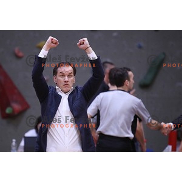 Rade Mijanovic celebrates victory at Nova KBM league basketball match between Sencur GGD and Petrol Olimpija in Sencur sports Hall, Slovenia on April 11, 2018