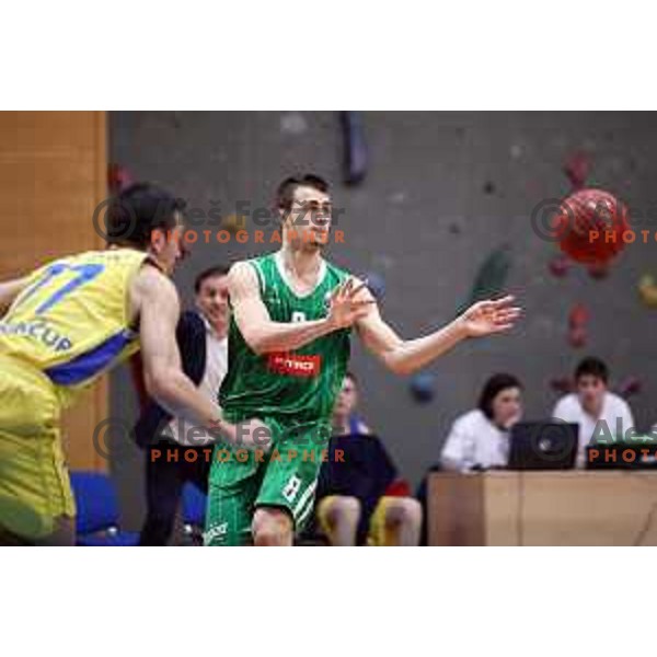 Roko Badzim in action during Nova KBM league basketball match between Sencur GGD and Petrol Olimpija in Sencur sports Hall, Slovenia on April 11, 2018