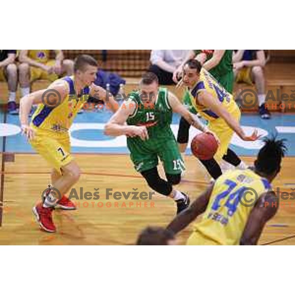 Dino Muric, Gregor Hrovat in action during Nova KBM league basketball match between Sencur GGD and Petrol Olimpija in Sencur sports Hall, Slovenia on April 11, 2018