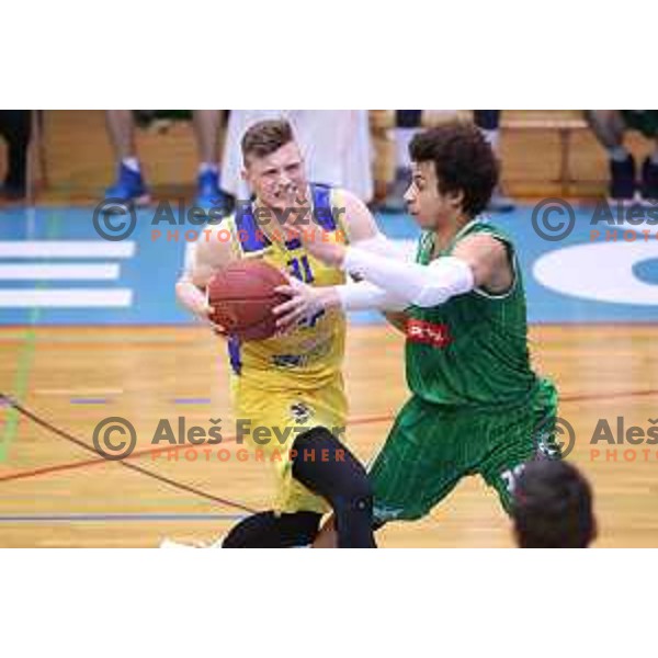 Jan Rebec and Issuf Sanon in action during Nova KBM league basketball match between Sencur GGD and Petrol Olimpija in Sencur sports Hall, Slovenia on April 11, 2018