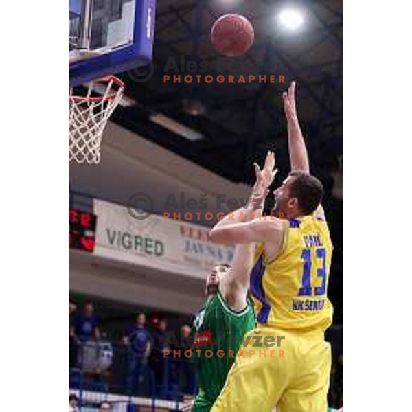 Smiljan Pavic in action during Nova KBM league basketball match between Sencur GGD and Petrol Olimpija in Sencur sports Hall, Slovenia on April 11, 2018