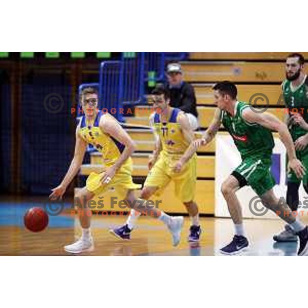 Jan Novak in action during Nova KBM league basketball match between Sencur GGD and Petrol Olimpija in Sencur sports Hall, Slovenia on April 11, 2018