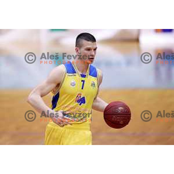 Dino Muric in action during Nova KBM league basketball match between Sencur GGD and Petrol Olimpija in Sencur sports Hall, Slovenia on April 11, 2018