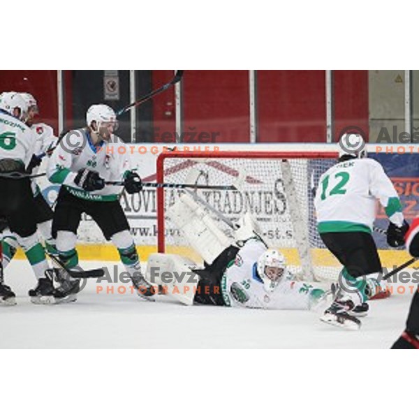 in action during third match of the Final of Slovenian Ice-Hockey League between SIJ Acroni Jesenice and SZ Olimpija in Podmezakla Hall, Jesenice, Slovenia on April 12, 2018