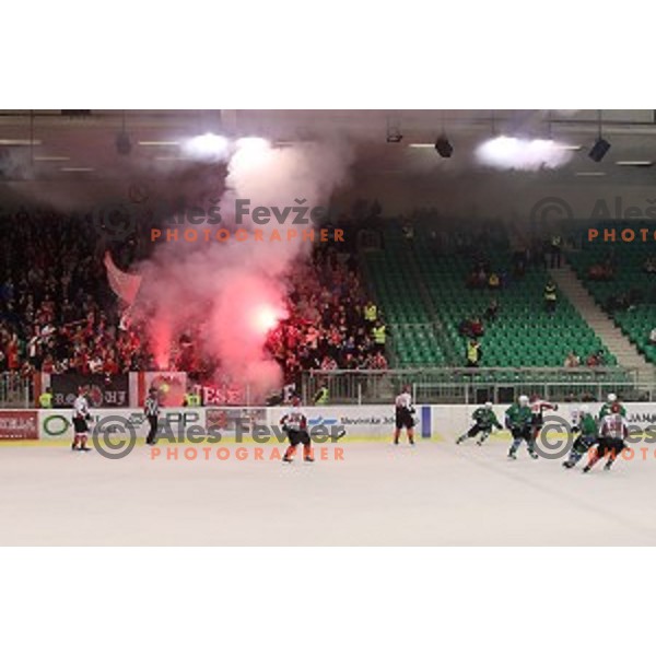 Players of Acroni Jesenice celebrate Slovenian Ice-hockey Championship Title after victory in fourth match of the Final against SZ Olimpija in Hala Tivoli, Ljubljana, Slovenia on April 14, 2018