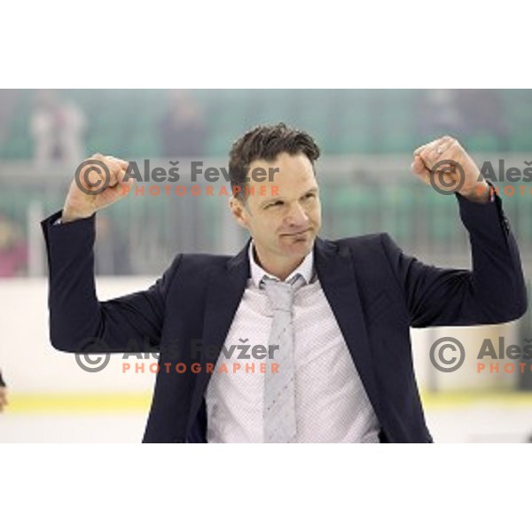 Gaber Glavic, head coach of Acroni Jesenice celebrates Slovenian Ice-hockey Championship Title after victory in fourth match of the Final against SZ Olimpija in Hala Tivoli, Ljubljana, Slovenia on April 14, 2018