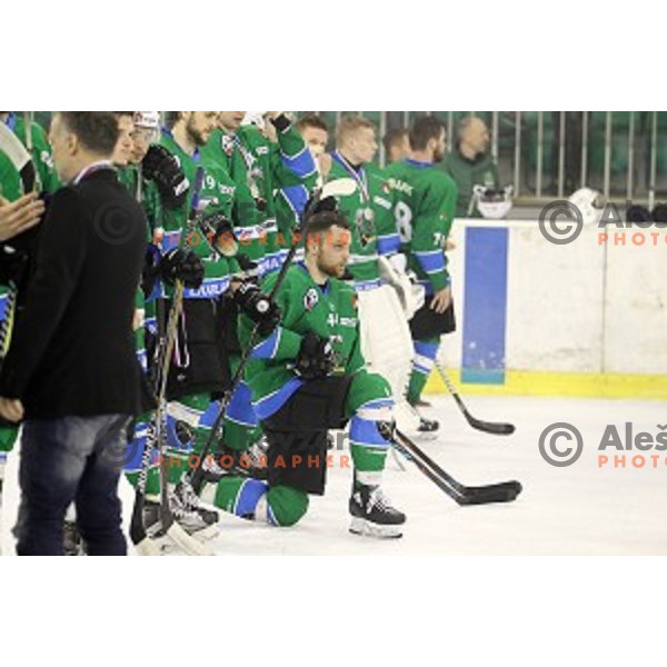 Players of Acroni Jesenice celebrate Slovenian Ice-hockey Championship Title after victory in fourth match of the Final against SZ Olimpija in Hala Tivoli, Ljubljana, Slovenia on April 14, 2018