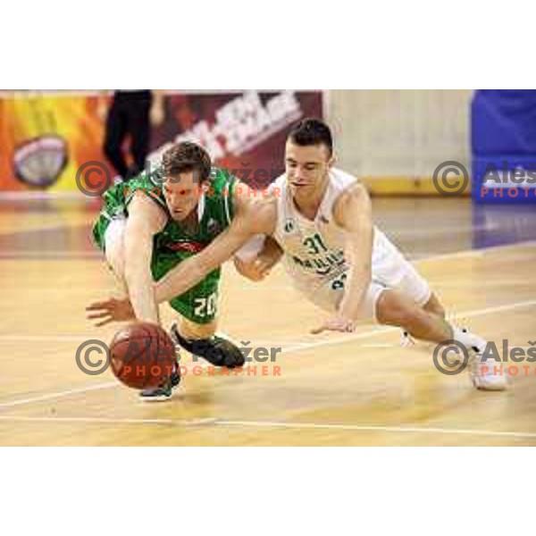 Mitchell McCarron and Zan Mark Sisko in action during Nova KBM league basketball match between Ilirija and Petrol Olimpija in Hala Tivoli, Ljubljana, Slovenia on April 15, 2018